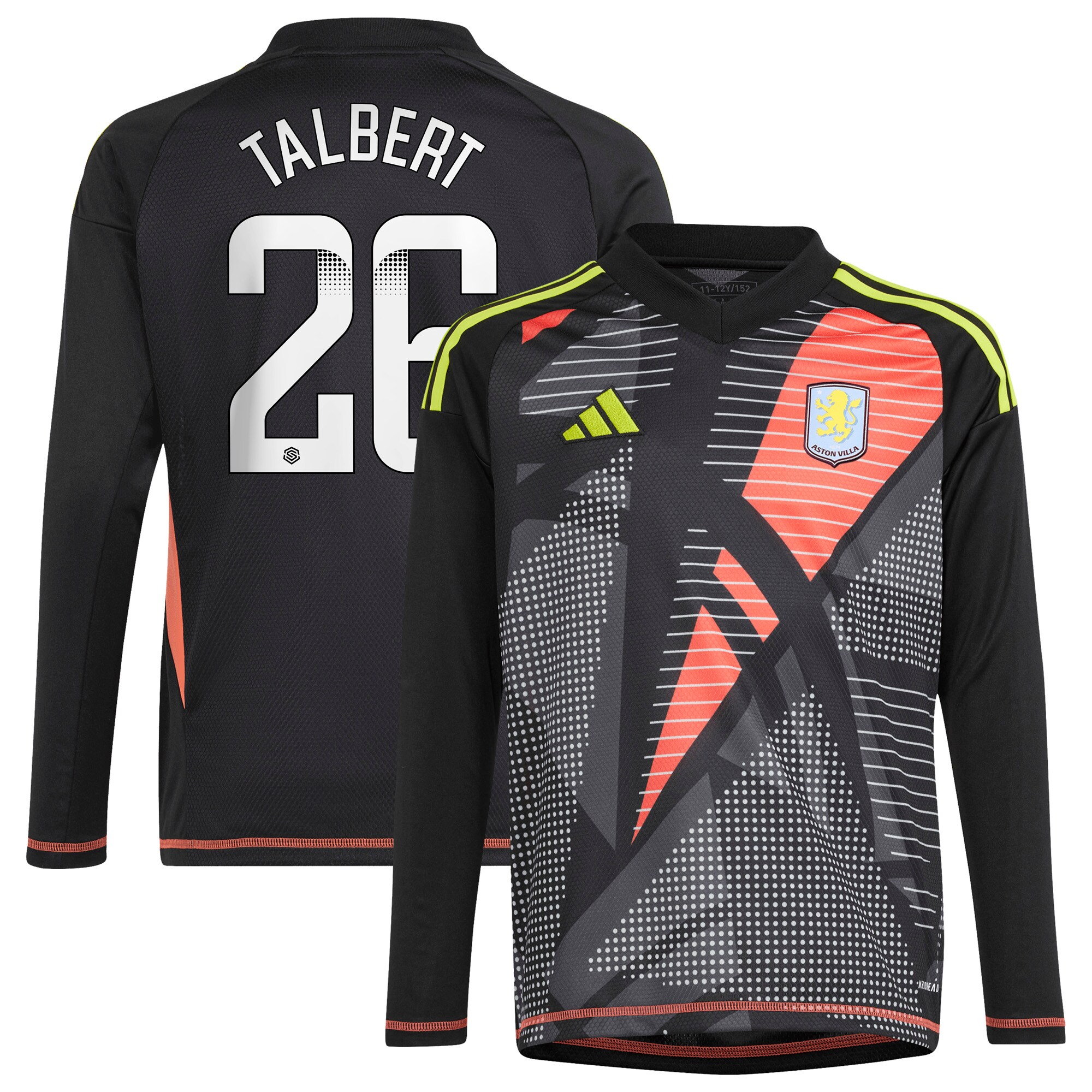 aston villa wsl adidas goalkeeper shirt 2024-25 – long sleeve – kids with talbert 26 printing Collection | Authentic Aston Villa Shirts