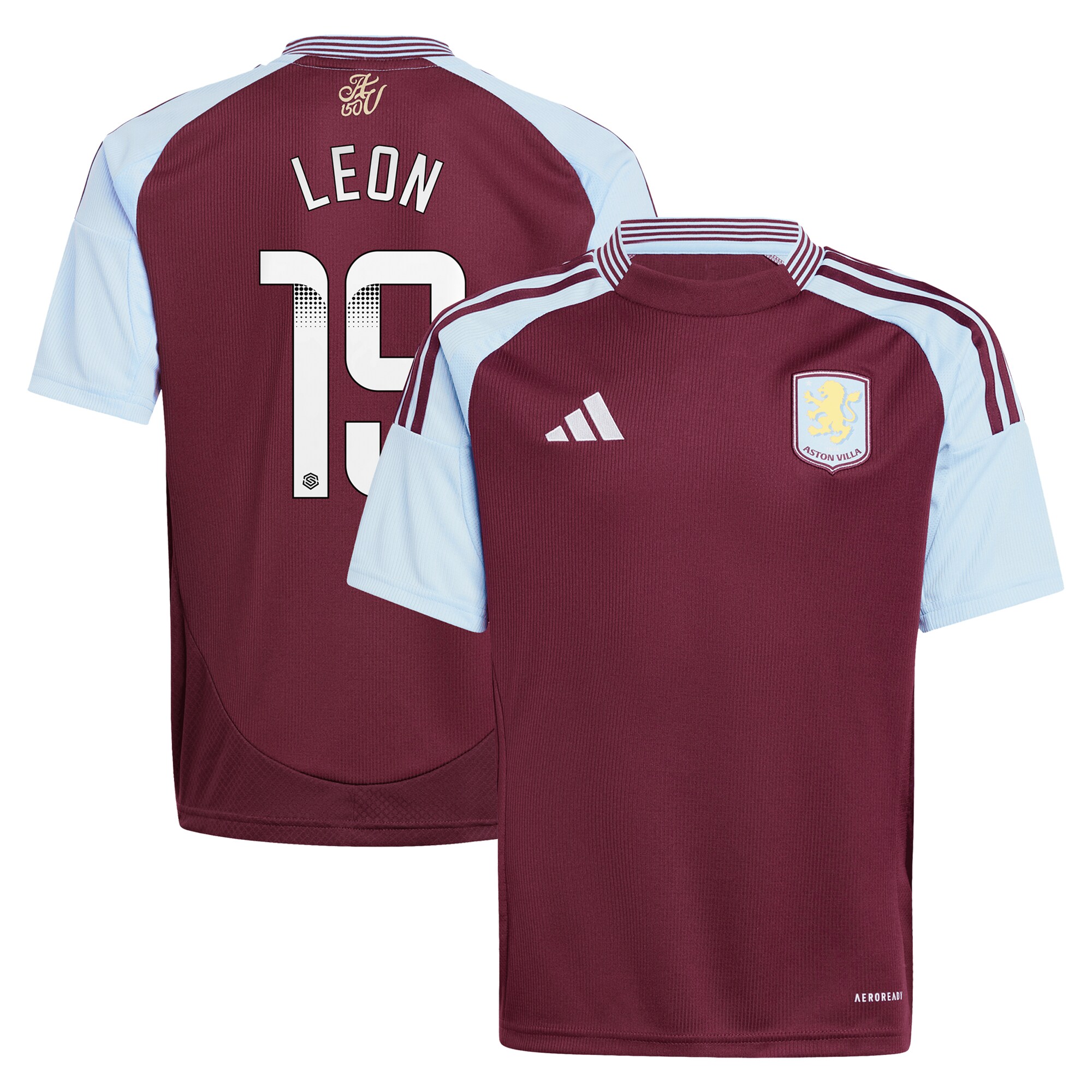 aston villa wsl adidas home shirt 2024-25 – kids with leon 19 printing Collection | Authentic Aston Villa Shirts